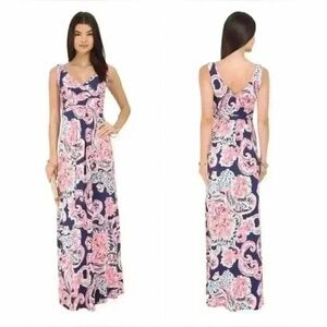 Lilly Pulitzer Maxi Dress Navy Pink Paisley Floral Sleeveless V Neck Resort XS